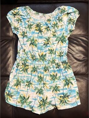 Old Navy Blue, Green and Yellow Palm-Print Romper girls size 14/16